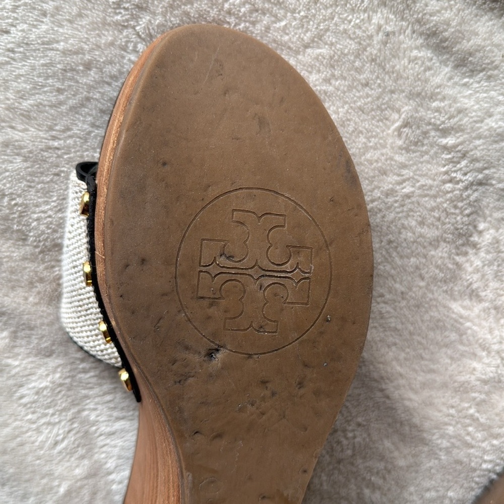 Tory Burch Black and Cream Wedge Sandals - Picture 9 of 13